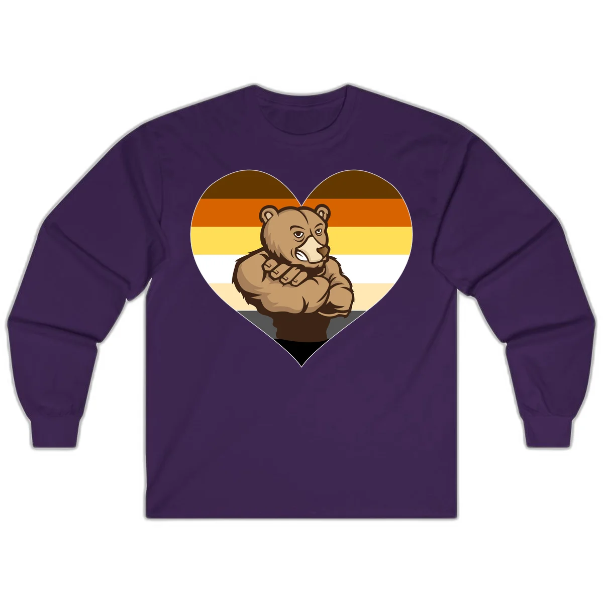 Muscular cartoon bear centered in heart shape with brown, orange, yellow, white, and tan horizontal stripes representing the bear pride flag in Purple