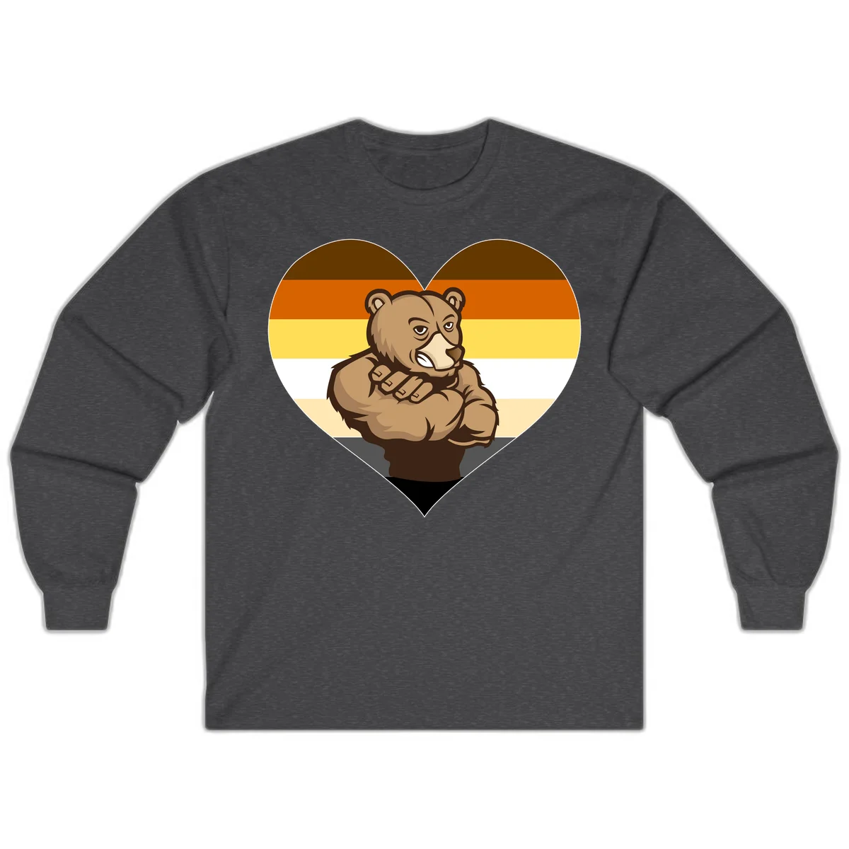Muscular cartoon bear centered in heart shape with brown, orange, yellow, white, and tan horizontal stripes representing the bear pride flag in Dark Heather