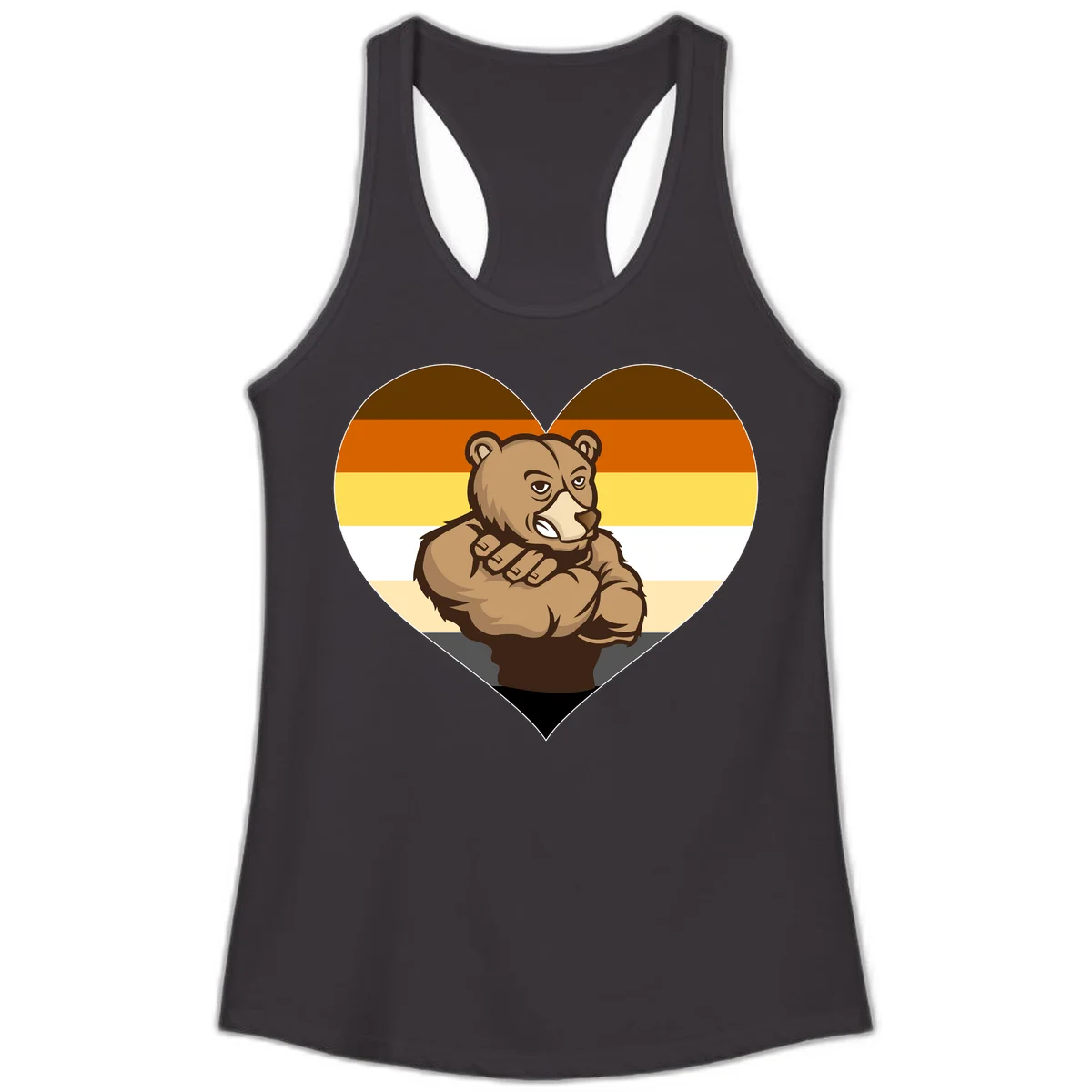 Muscular cartoon bear centered in heart shape with brown, orange, yellow, white, and tan horizontal stripes representing the bear pride flag in Black