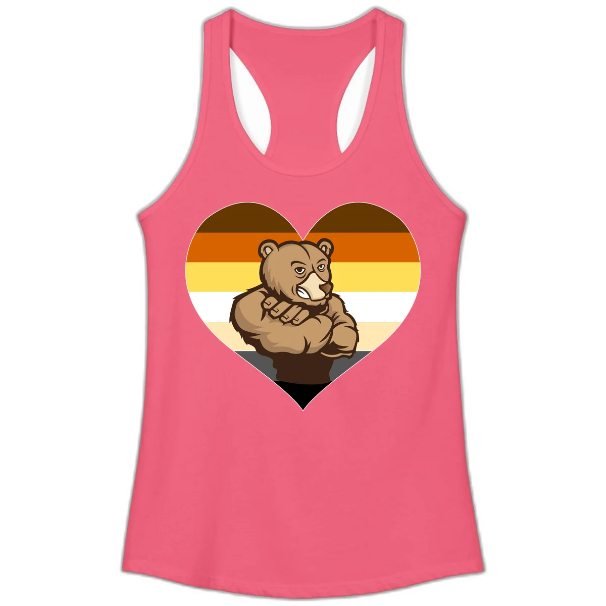 Muscular cartoon bear centered in heart shape with brown, orange, yellow, white, and tan horizontal stripes representing the bear pride flag in Hot Pink