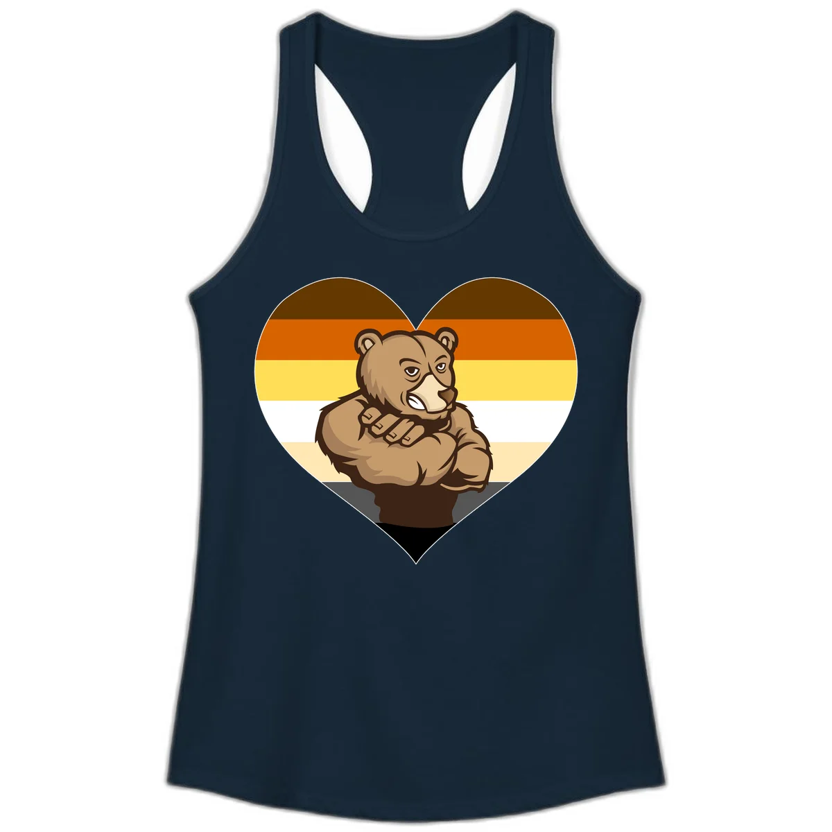 Muscular cartoon bear centered in heart shape with brown, orange, yellow, white, and tan horizontal stripes representing the bear pride flag in Solid Midnight Navy
