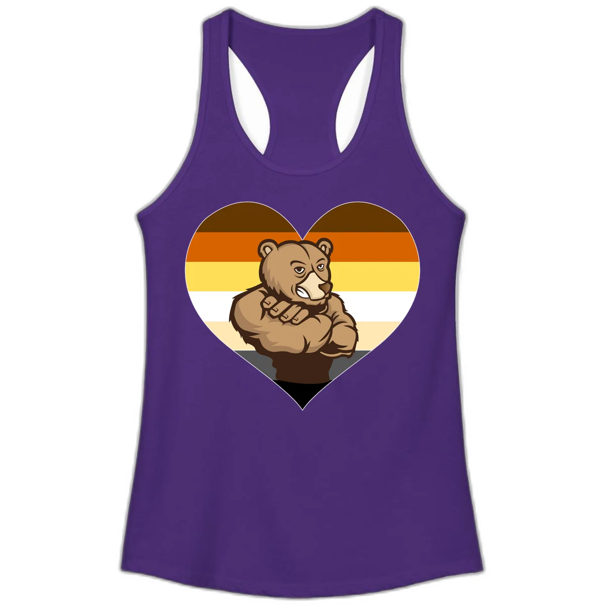 Muscular cartoon bear centered in heart shape with brown, orange, yellow, white, and tan horizontal stripes representing the bear pride flag in Solid Purple Rush