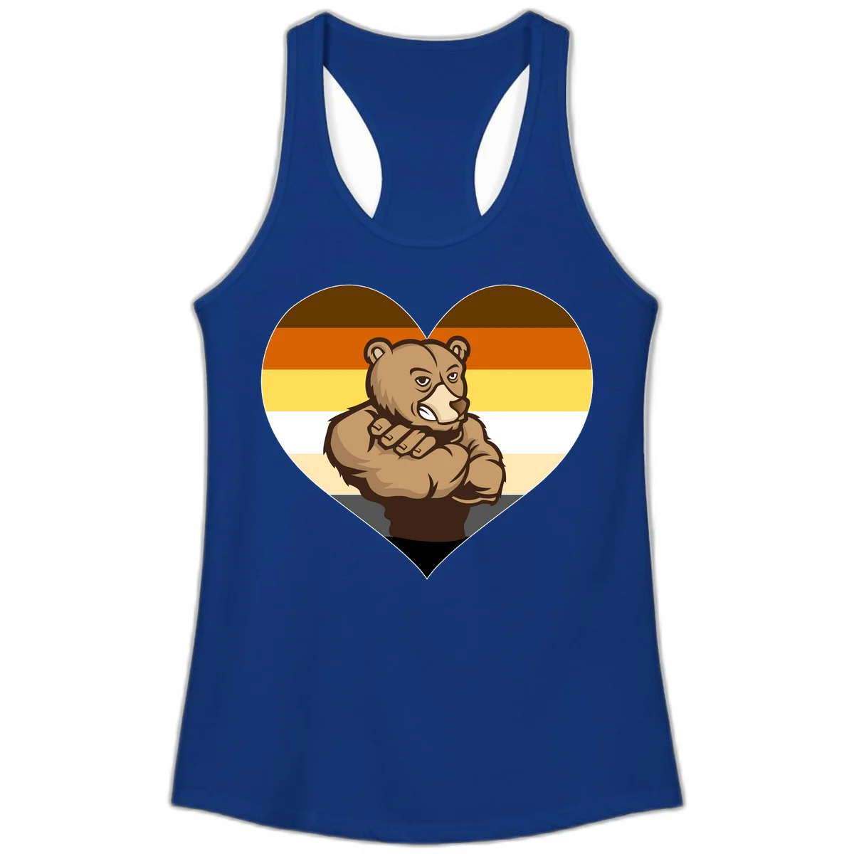 Muscular cartoon bear centered in heart shape with brown, orange, yellow, white, and tan horizontal stripes representing the bear pride flag in Solid Royal