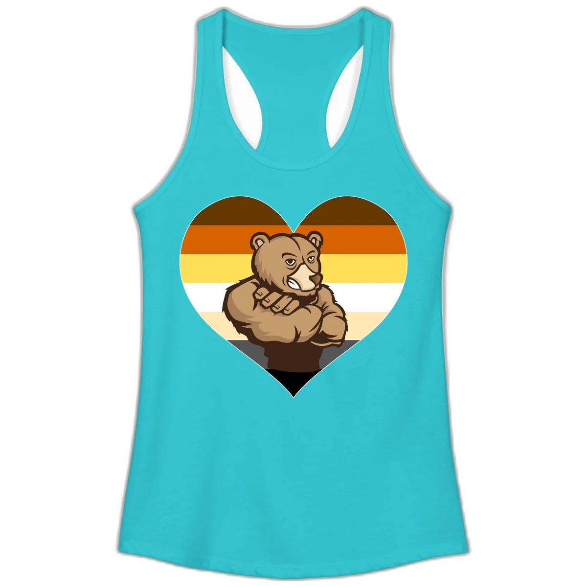 Muscular cartoon bear centered in heart shape with brown, orange, yellow, white, and tan horizontal stripes representing the bear pride flag in Solid Tahiti Blue