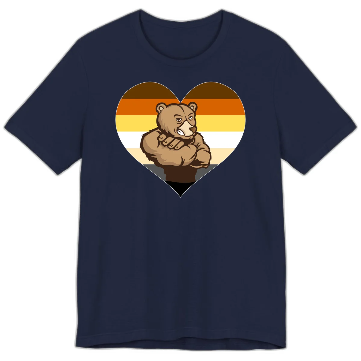 Muscular cartoon bear centered in heart shape with brown, orange, yellow, white, and tan horizontal stripes representing the bear pride flag in Navy