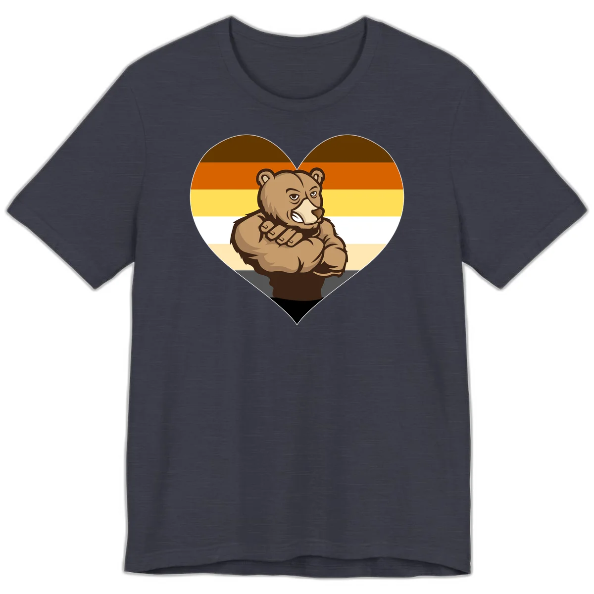 Muscular cartoon bear centered in heart shape with brown, orange, yellow, white, and tan horizontal stripes representing the bear pride flag in Heather Midnight Navy