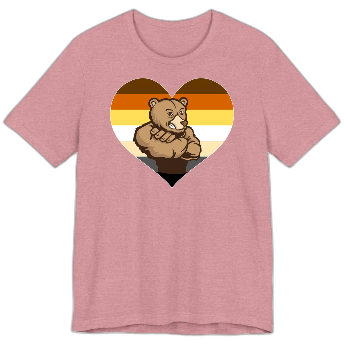 Muscular cartoon bear centered in heart shape with brown, orange, yellow, white, and tan horizontal stripes representing the bear pride flag in Heather Orchid