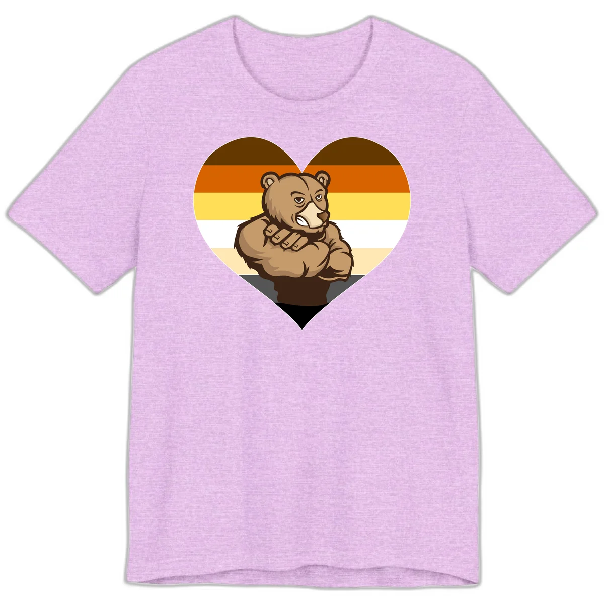 Muscular cartoon bear centered in heart shape with brown, orange, yellow, white, and tan horizontal stripes representing the bear pride flag in Heather Prism Lilac