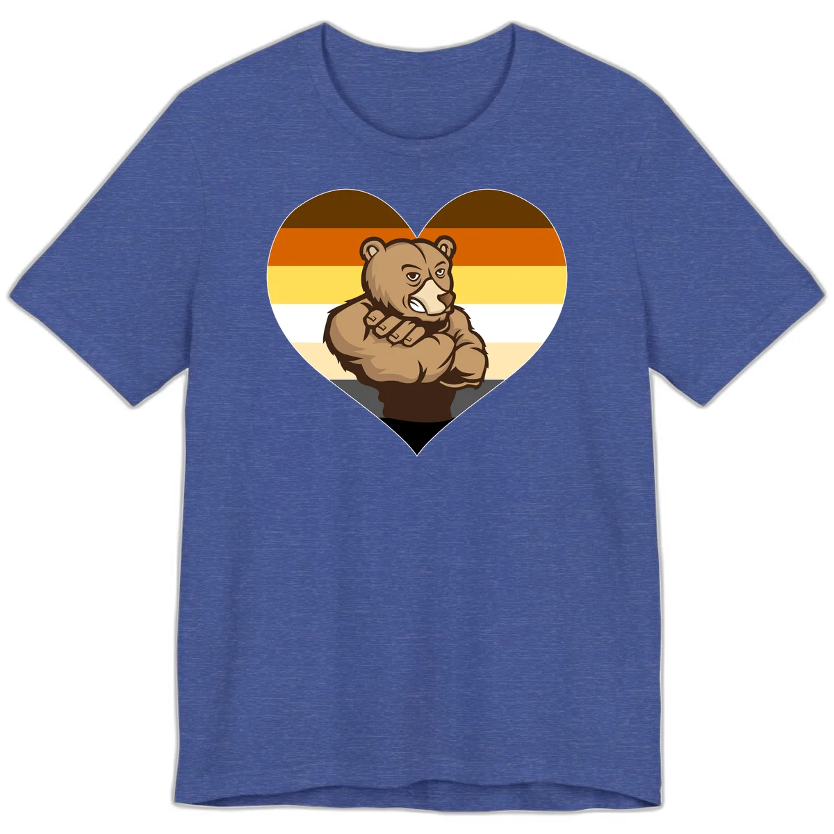 Muscular cartoon bear centered in heart shape with brown, orange, yellow, white, and tan horizontal stripes representing the bear pride flag in Heather True Royal