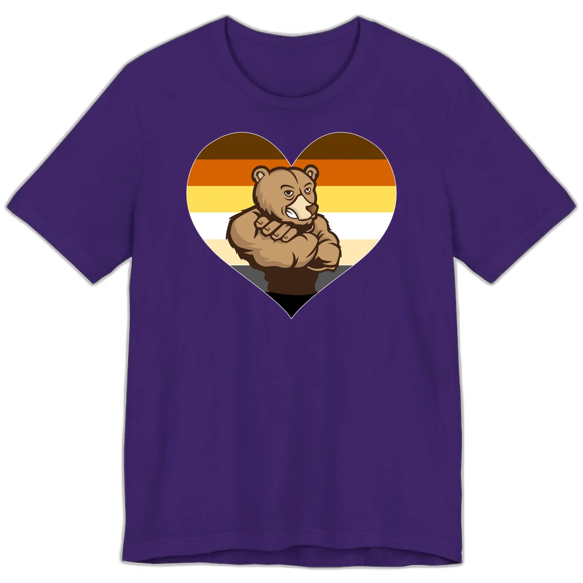 Muscular cartoon bear centered in heart shape with brown, orange, yellow, white, and tan horizontal stripes representing the bear pride flag in Team Purple