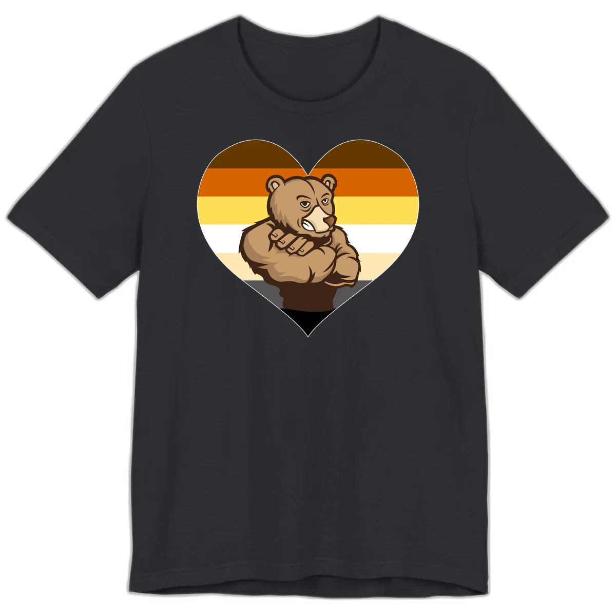 Muscular cartoon bear centered in heart shape with brown, orange, yellow, white, and tan horizontal stripes representing the bear pride flag in Vintage Black