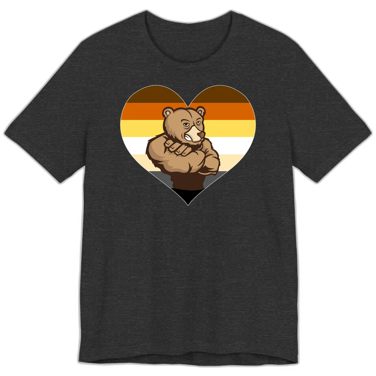 Muscular cartoon bear centered in heart shape with brown, orange, yellow, white, and tan horizontal stripes representing the bear pride flag in Dark Grey Heather
