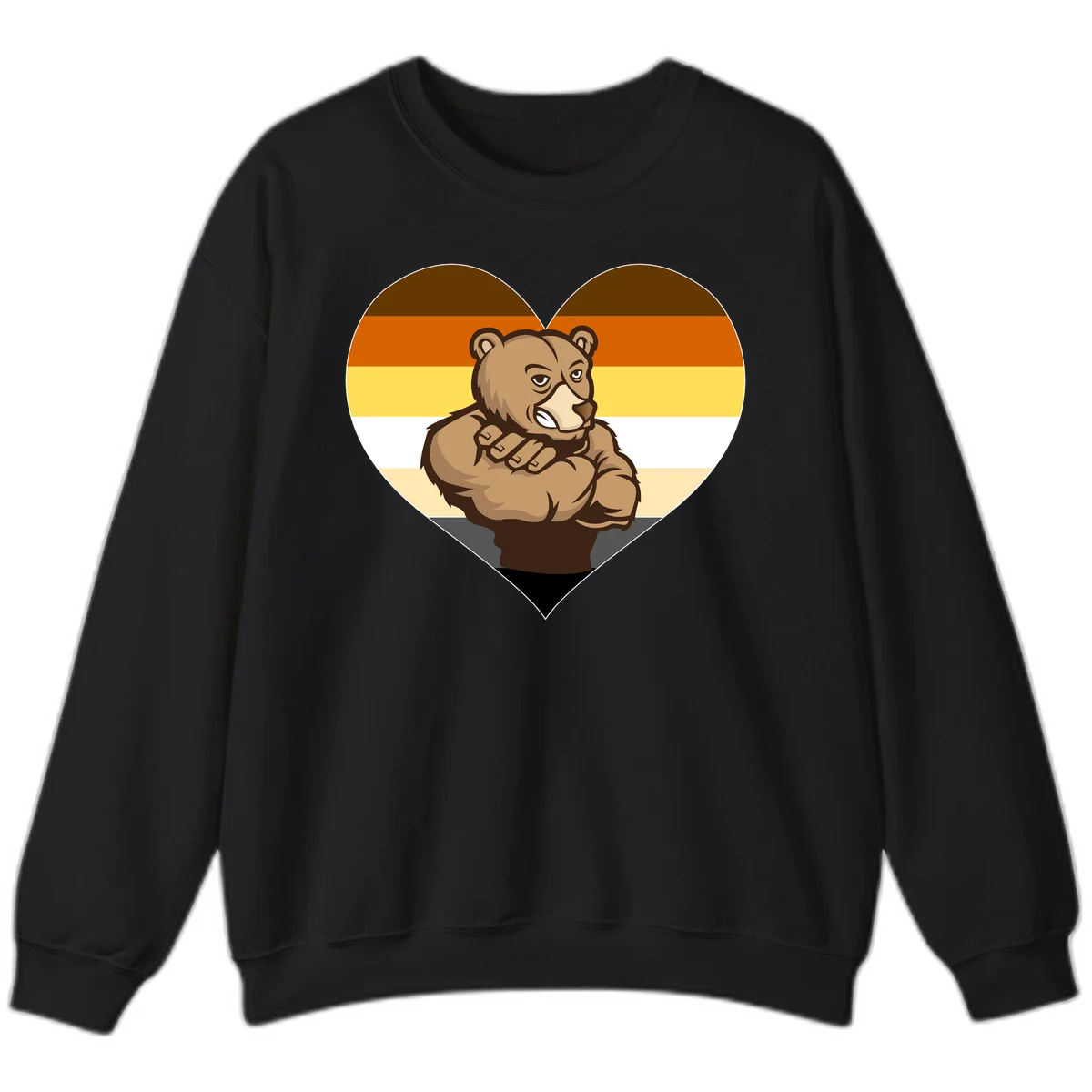Muscular cartoon bear centered in heart shape with brown, orange, yellow, white, and tan horizontal stripes representing the bear pride flag in Black