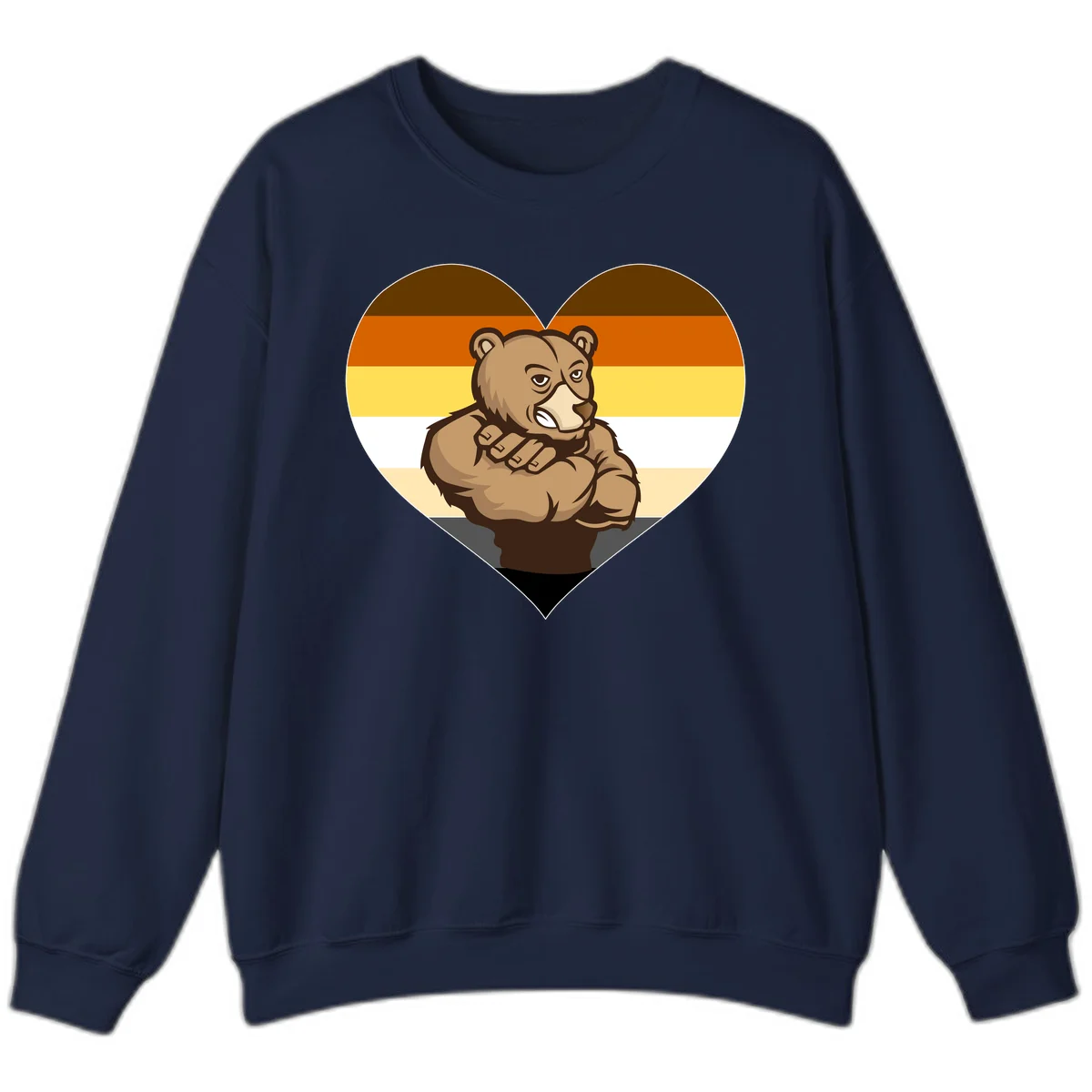 Muscular cartoon bear centered in heart shape with brown, orange, yellow, white, and tan horizontal stripes representing the bear pride flag in Navy