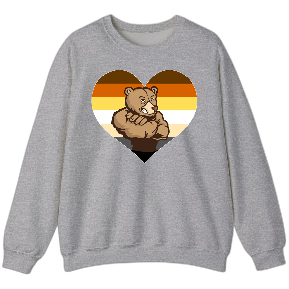 Muscular cartoon bear centered in heart shape with brown, orange, yellow, white, and tan horizontal stripes representing the bear pride flag in Sport Grey