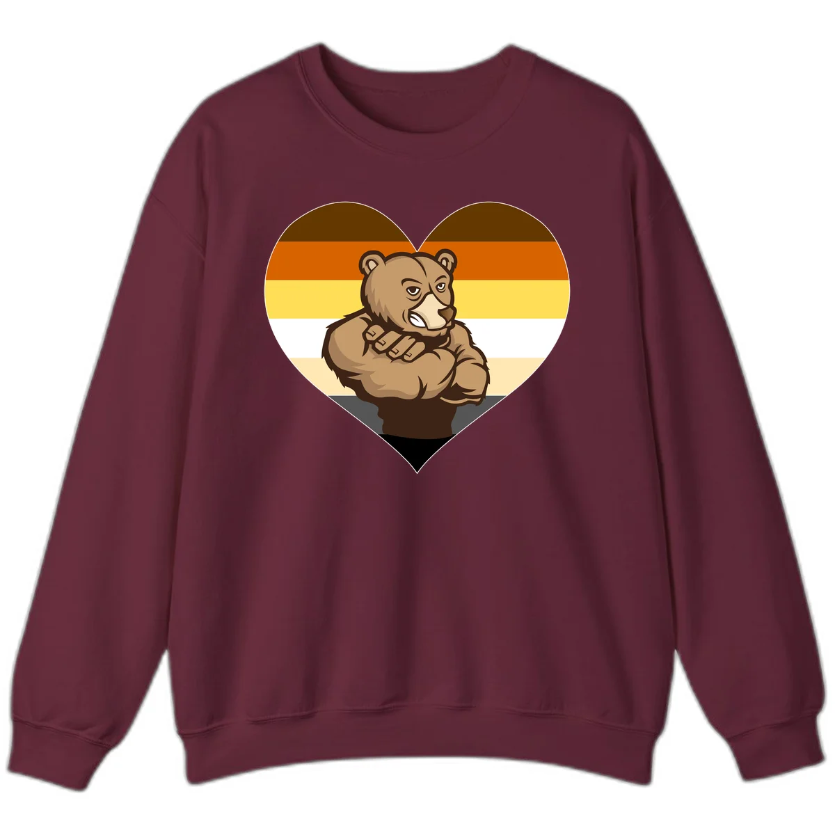 Muscular cartoon bear centered in heart shape with brown, orange, yellow, white, and tan horizontal stripes representing the bear pride flag in Maroon