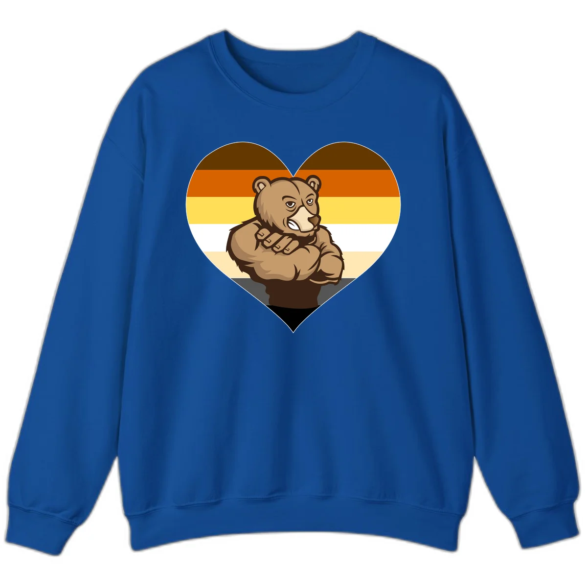 Muscular cartoon bear centered in heart shape with brown, orange, yellow, white, and tan horizontal stripes representing the bear pride flag in Royal