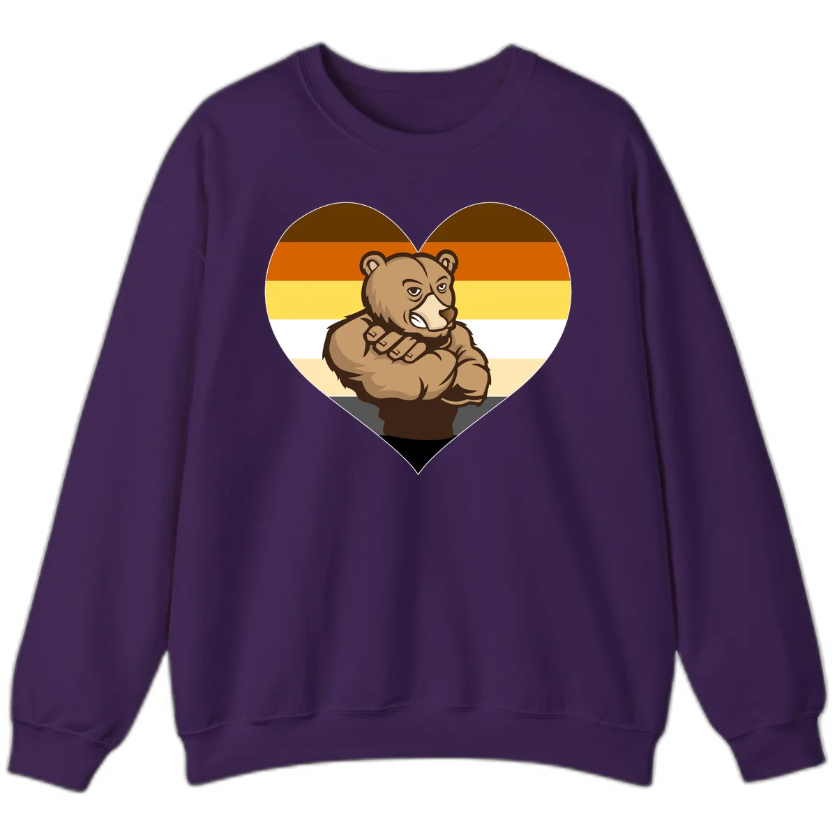 Muscular cartoon bear centered in heart shape with brown, orange, yellow, white, and tan horizontal stripes representing the bear pride flag in Purple