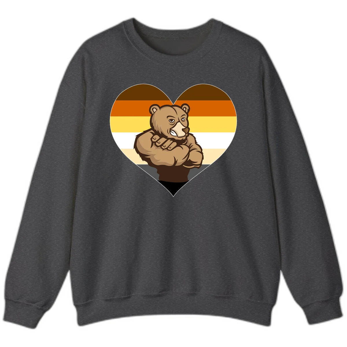 Muscular cartoon bear centered in heart shape with brown, orange, yellow, white, and tan horizontal stripes representing the bear pride flag in Dark Heather