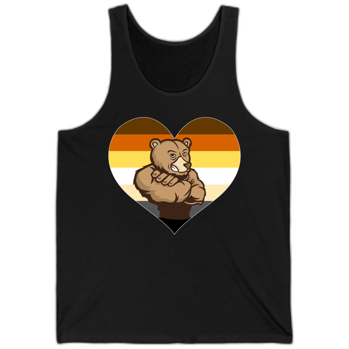 Muscular cartoon bear centered in heart shape with brown, orange, yellow, white, and tan horizontal stripes representing the bear pride flag in Black