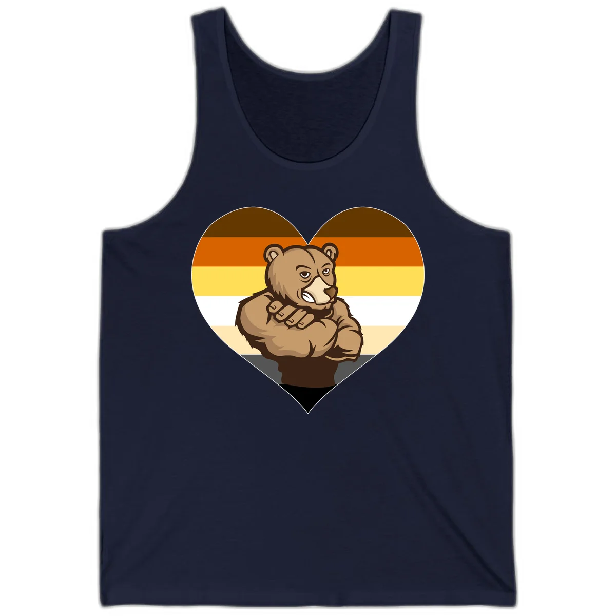 Muscular cartoon bear centered in heart shape with brown, orange, yellow, white, and tan horizontal stripes representing the bear pride flag in Navy