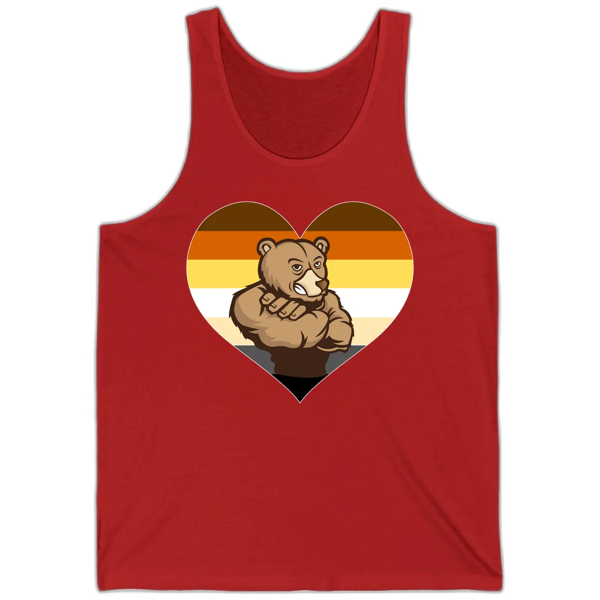 Muscular cartoon bear centered in heart shape with brown, orange, yellow, white, and tan horizontal stripes representing the bear pride flag in Red