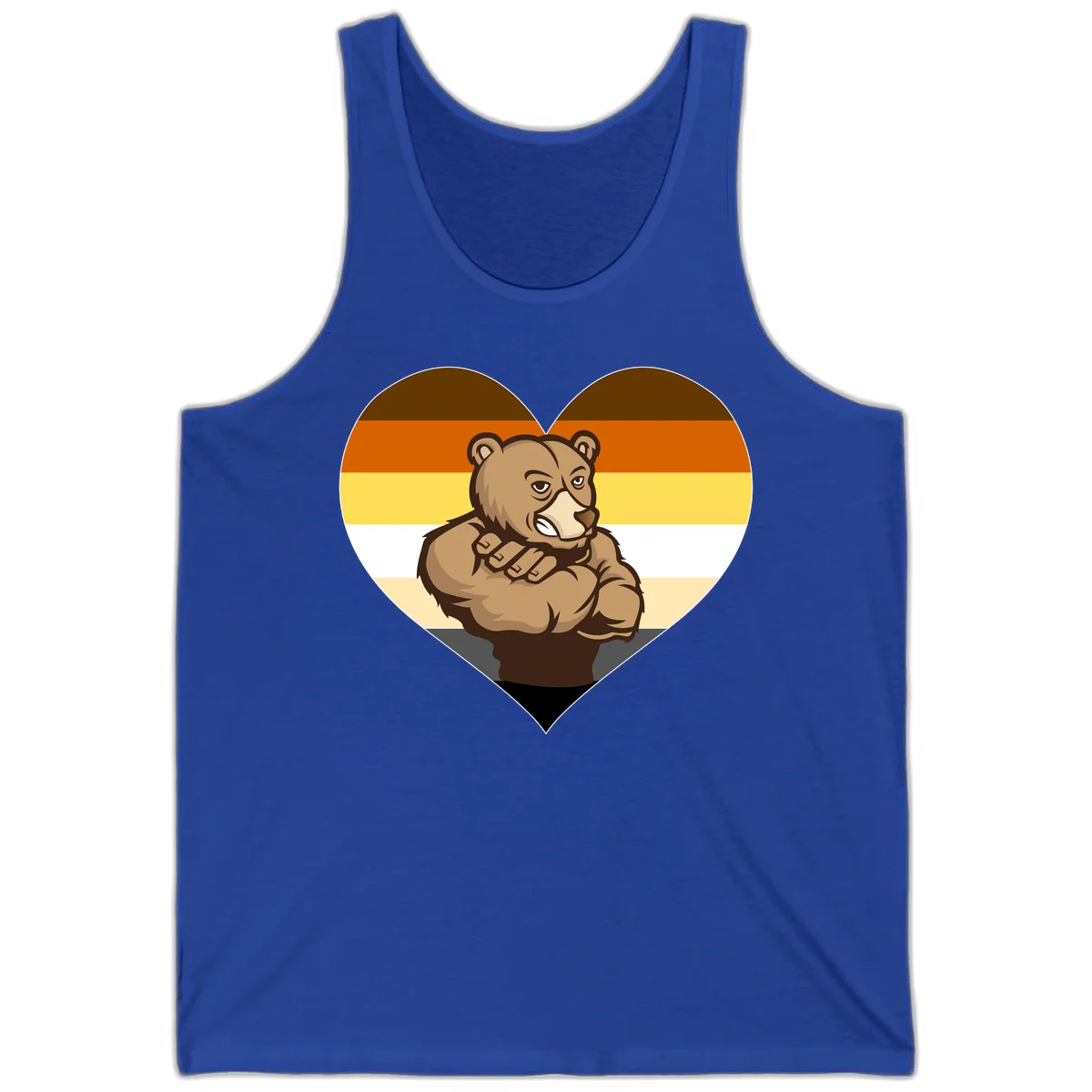 Muscular cartoon bear centered in heart shape with brown, orange, yellow, white, and tan horizontal stripes representing the bear pride flag in True Royal