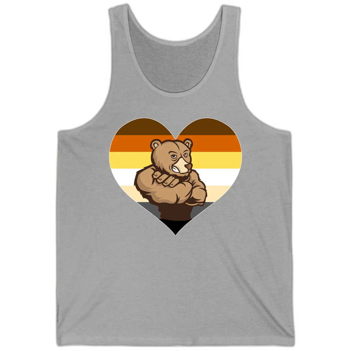 Muscular cartoon bear centered in heart shape with brown, orange, yellow, white, and tan horizontal stripes representing the bear pride flag in Athletic Heather