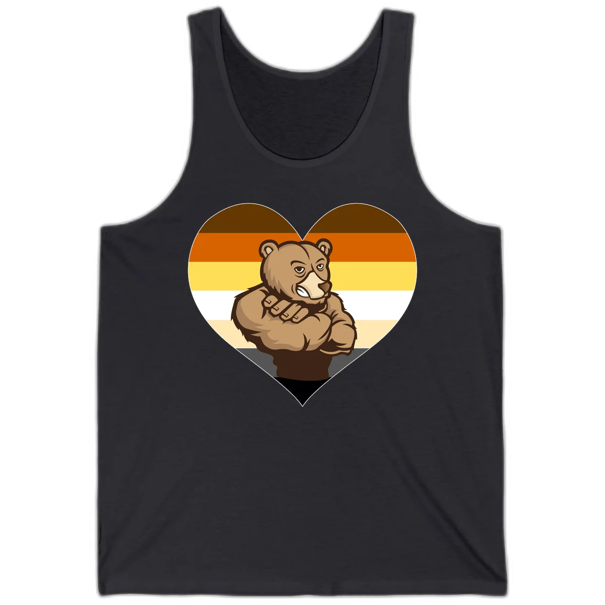 Muscular cartoon bear centered in heart shape with brown, orange, yellow, white, and tan horizontal stripes representing the bear pride flag in Dark Grey