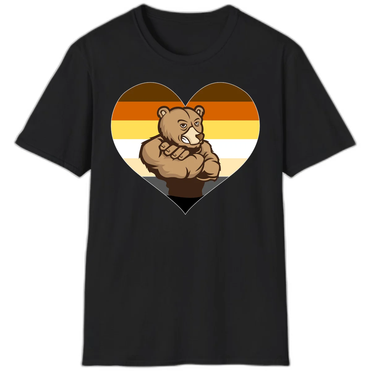 Muscular cartoon bear centered in heart shape with brown, orange, yellow, white, and tan horizontal stripes representing the bear pride flag in Black