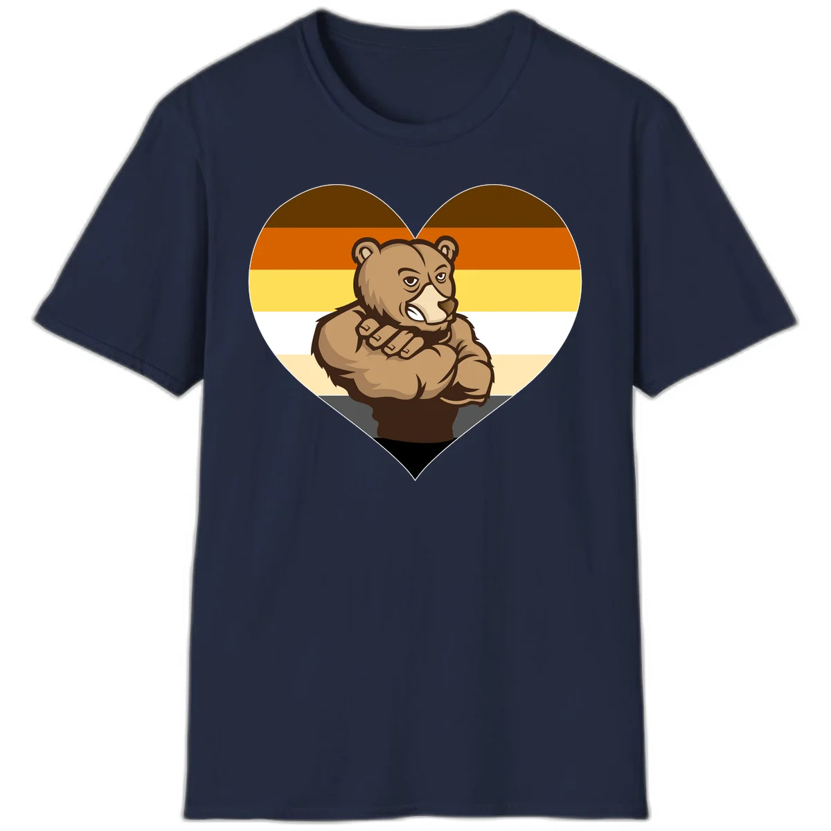 Muscular cartoon bear centered in heart shape with brown, orange, yellow, white, and tan horizontal stripes representing the bear pride flag in Navy