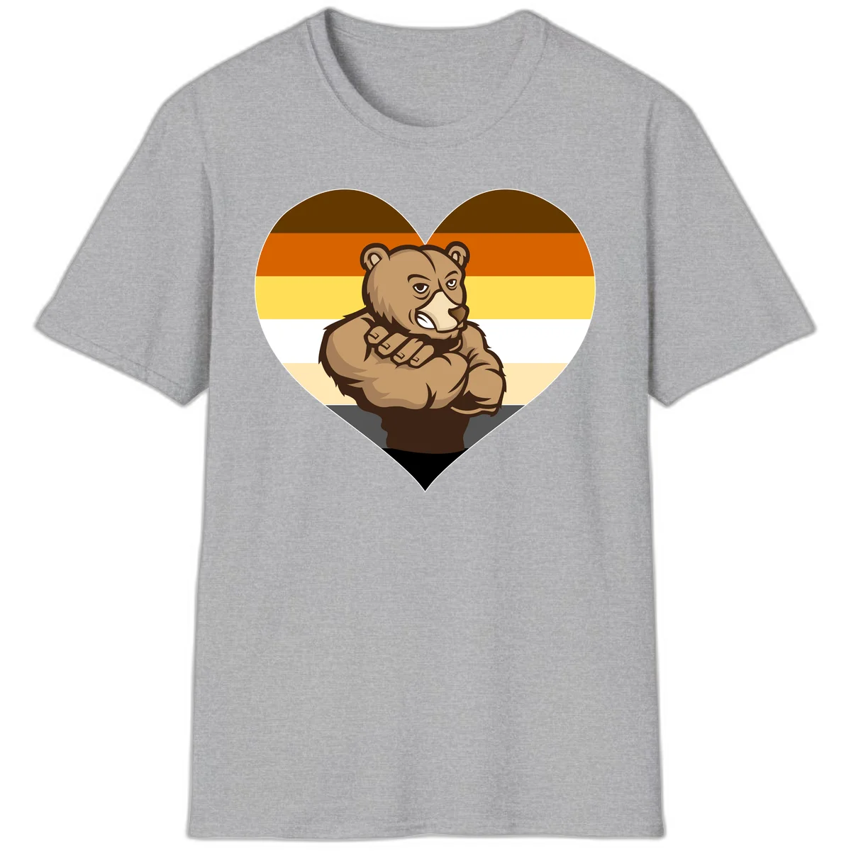 Muscular cartoon bear centered in heart shape with brown, orange, yellow, white, and tan horizontal stripes representing the bear pride flag in Sport Grey
