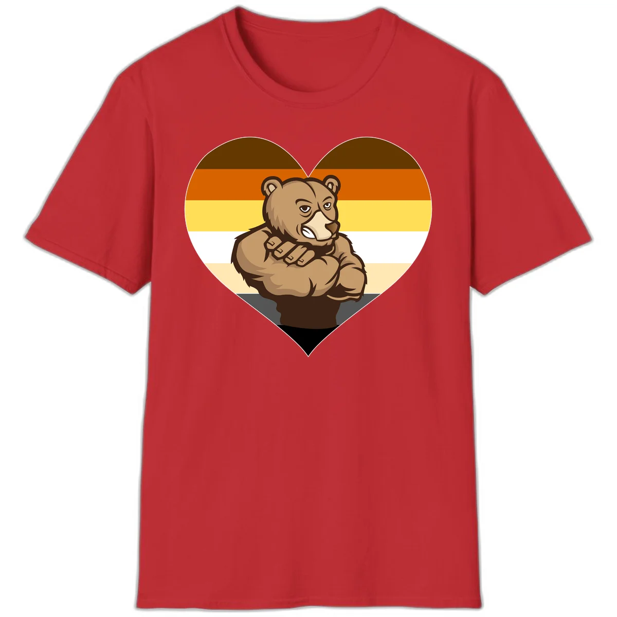 Muscular cartoon bear centered in heart shape with brown, orange, yellow, white, and tan horizontal stripes representing the bear pride flag in Red