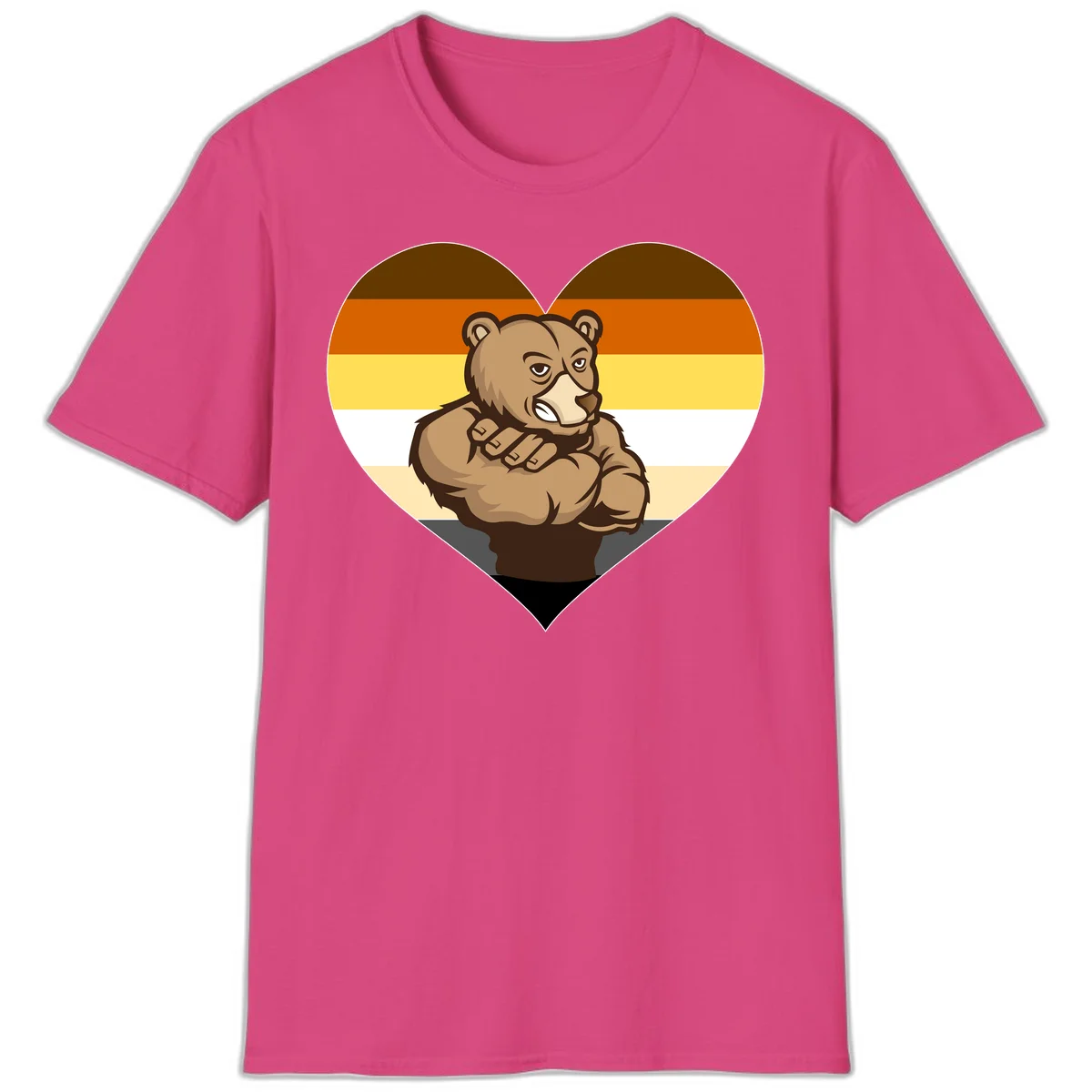 Muscular cartoon bear centered in heart shape with brown, orange, yellow, white, and tan horizontal stripes representing the bear pride flag in Heliconia