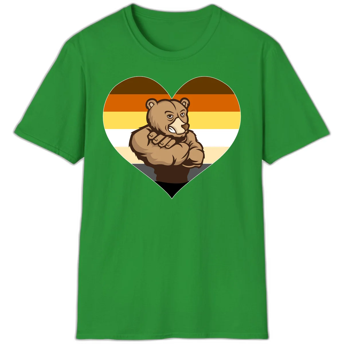 Muscular cartoon bear centered in heart shape with brown, orange, yellow, white, and tan horizontal stripes representing the bear pride flag in Irish Green
