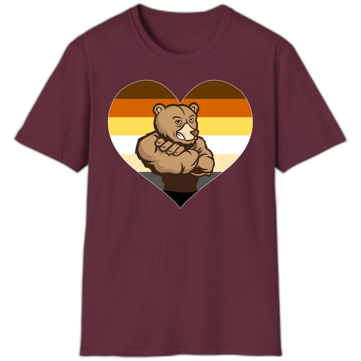 Muscular cartoon bear centered in heart shape with brown, orange, yellow, white, and tan horizontal stripes representing the bear pride flag in Maroon