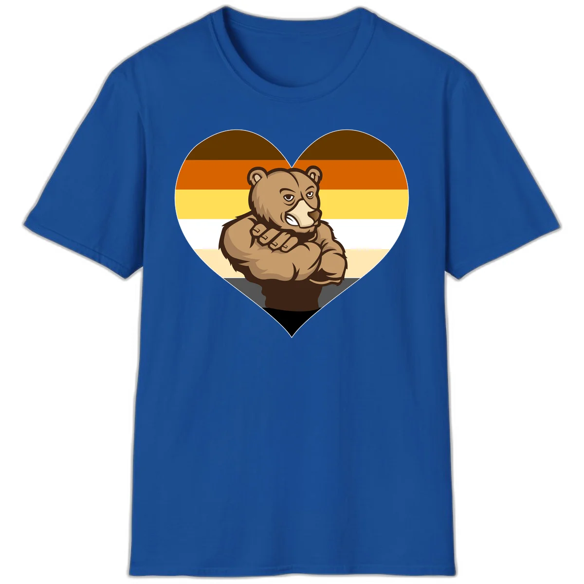 Muscular cartoon bear centered in heart shape with brown, orange, yellow, white, and tan horizontal stripes representing the bear pride flag in Royal