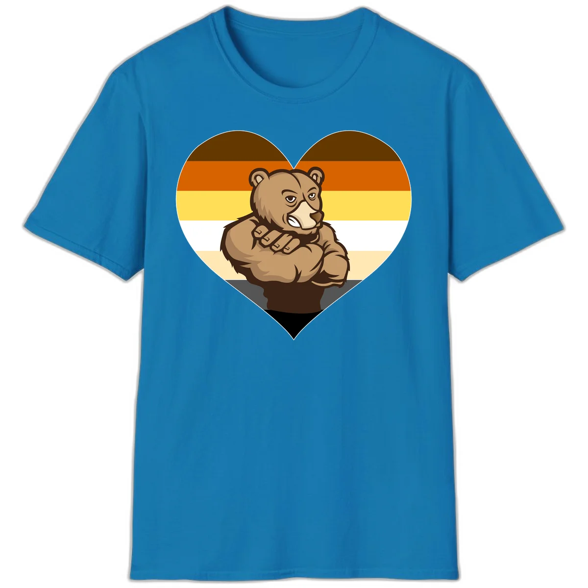 Muscular cartoon bear centered in heart shape with brown, orange, yellow, white, and tan horizontal stripes representing the bear pride flag in Sapphire