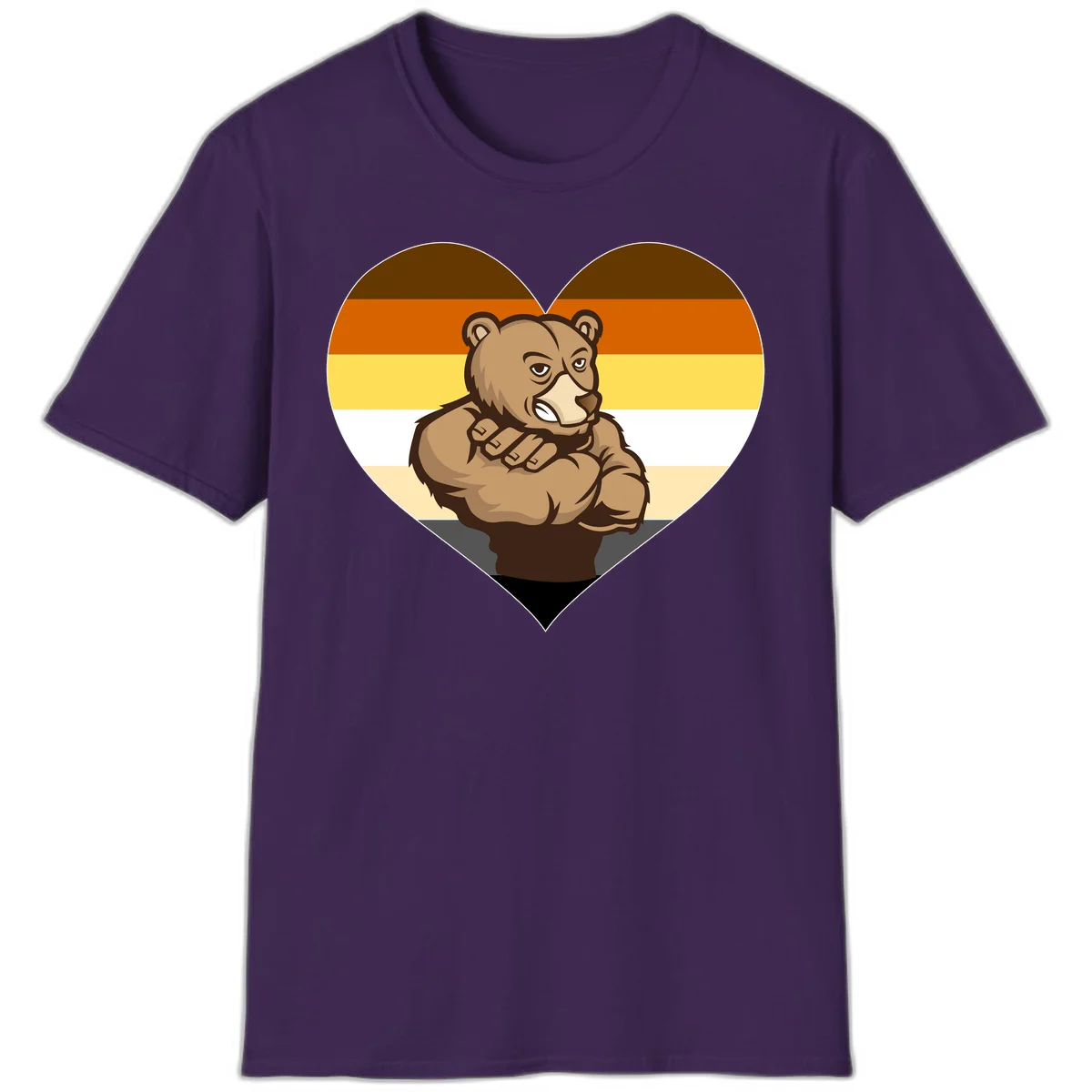 Muscular cartoon bear centered in heart shape with brown, orange, yellow, white, and tan horizontal stripes representing the bear pride flag in Purple