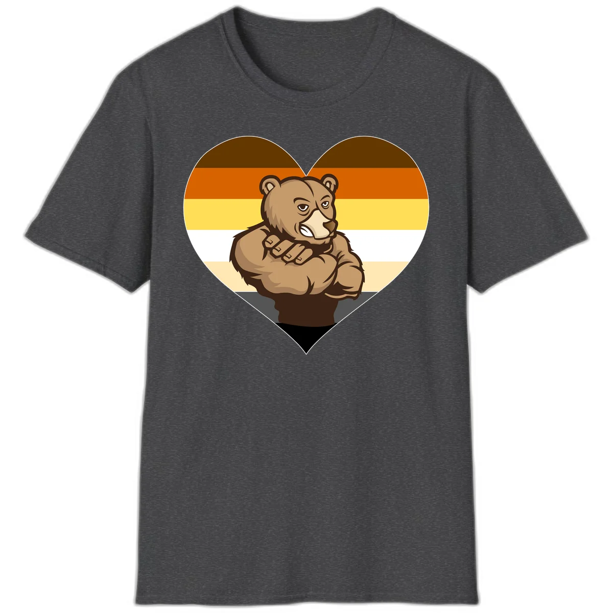 Muscular cartoon bear centered in heart shape with brown, orange, yellow, white, and tan horizontal stripes representing the bear pride flag in Dark Heather