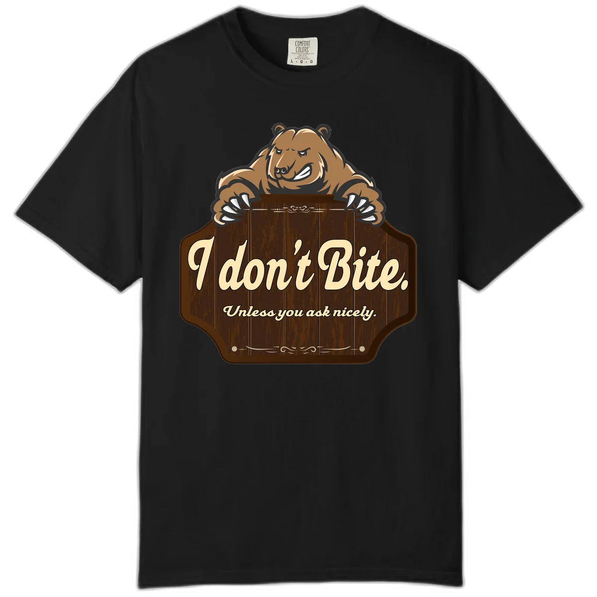 Brown grizzly bear grinning mischievously while holding a wooden sign reading 'I don't Bite. Unless you ask nicely' with decorative vintage styling in Black