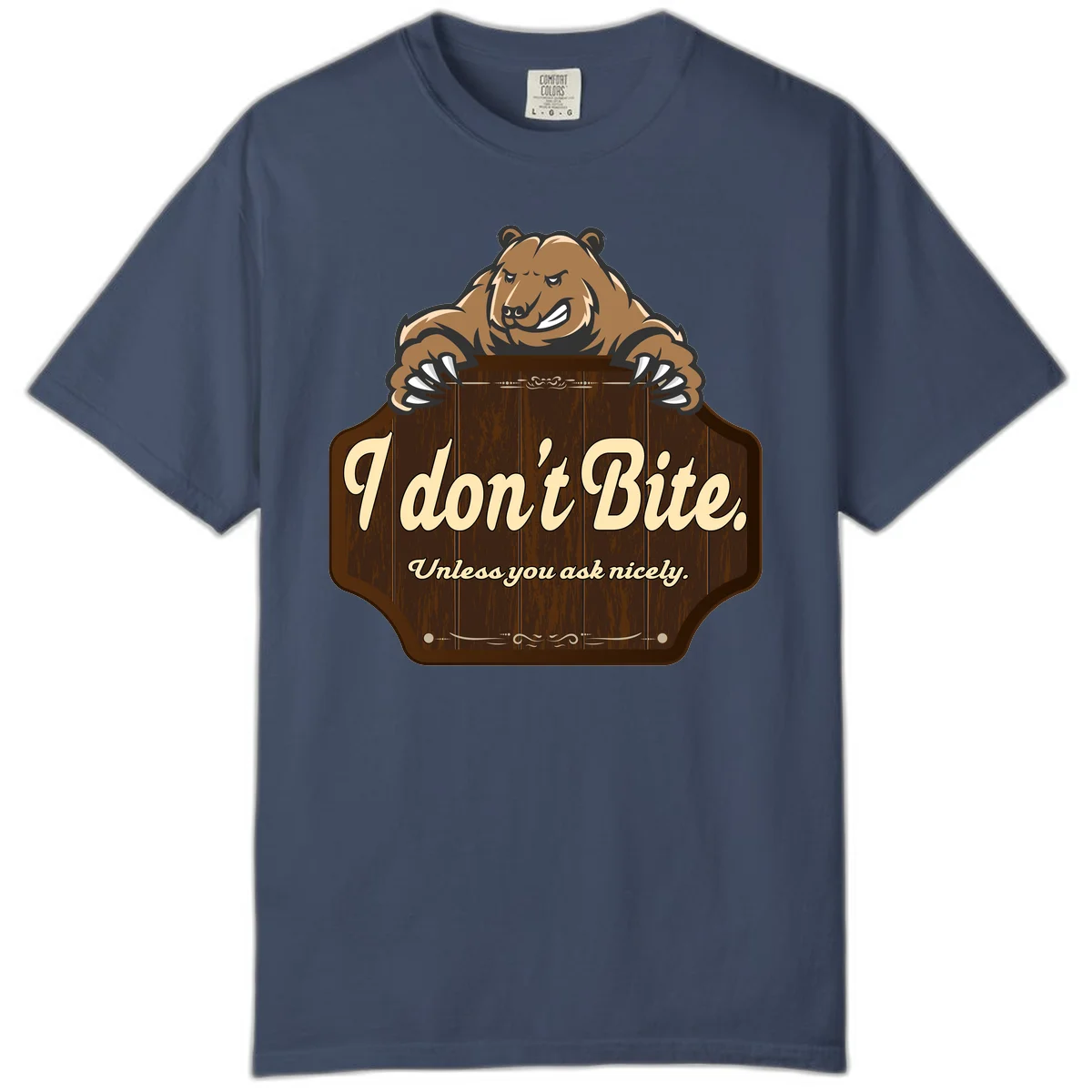 Brown grizzly bear grinning mischievously while holding a wooden sign reading 'I don't Bite. Unless you ask nicely' with decorative vintage styling in Midnight