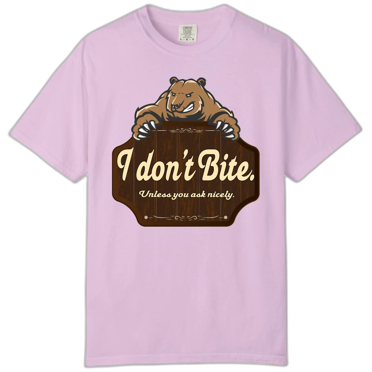 Brown grizzly bear grinning mischievously while holding a wooden sign reading 'I don't Bite. Unless you ask nicely' with decorative vintage styling in Orchid