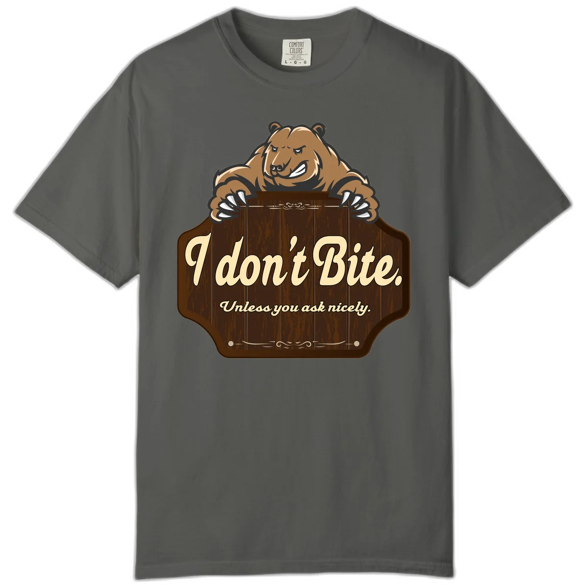 Brown grizzly bear grinning mischievously while holding a wooden sign reading 'I don't Bite. Unless you ask nicely' with decorative vintage styling in Pepper