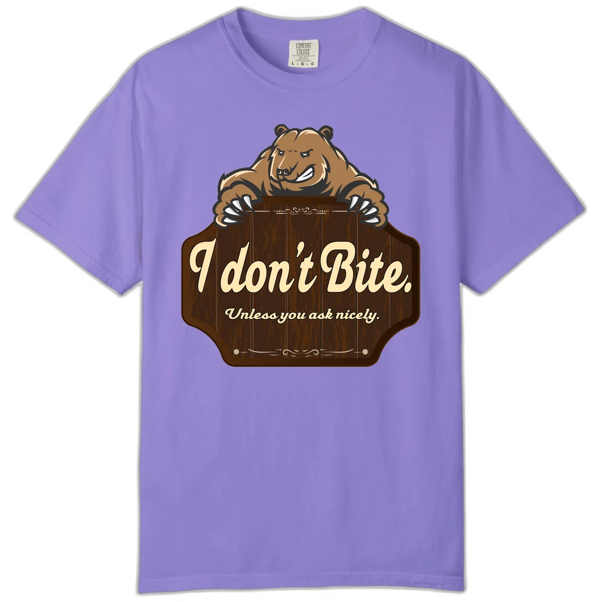 Brown grizzly bear grinning mischievously while holding a wooden sign reading 'I don't Bite. Unless you ask nicely' with decorative vintage styling in Violet