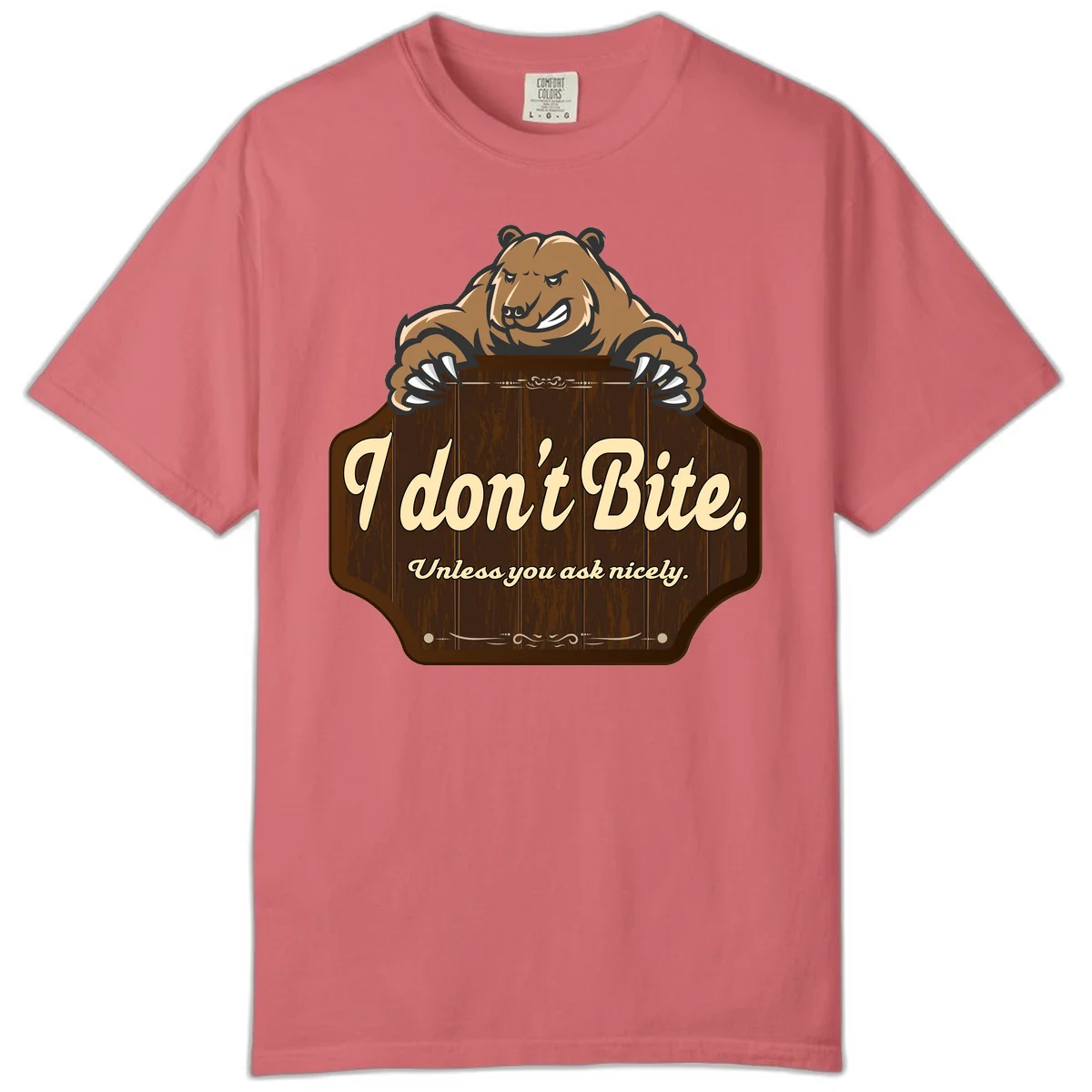Brown grizzly bear grinning mischievously while holding a wooden sign reading 'I don't Bite. Unless you ask nicely' with decorative vintage styling in Watermelon