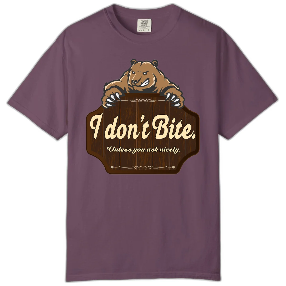 Brown grizzly bear grinning mischievously while holding a wooden sign reading 'I don't Bite. Unless you ask nicely' with decorative vintage styling in Berry