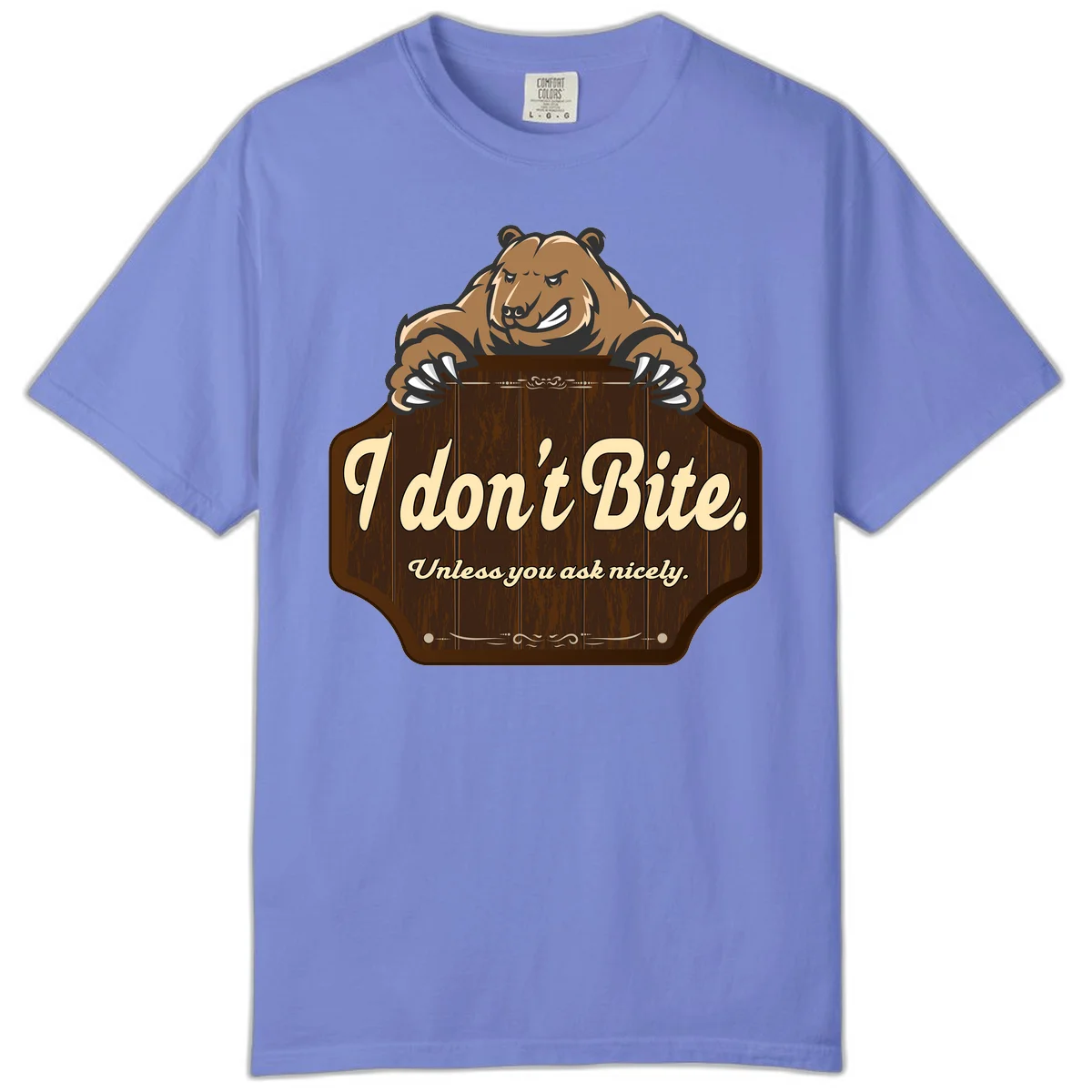 Brown grizzly bear grinning mischievously while holding a wooden sign reading 'I don't Bite. Unless you ask nicely' with decorative vintage styling in Flo Blue