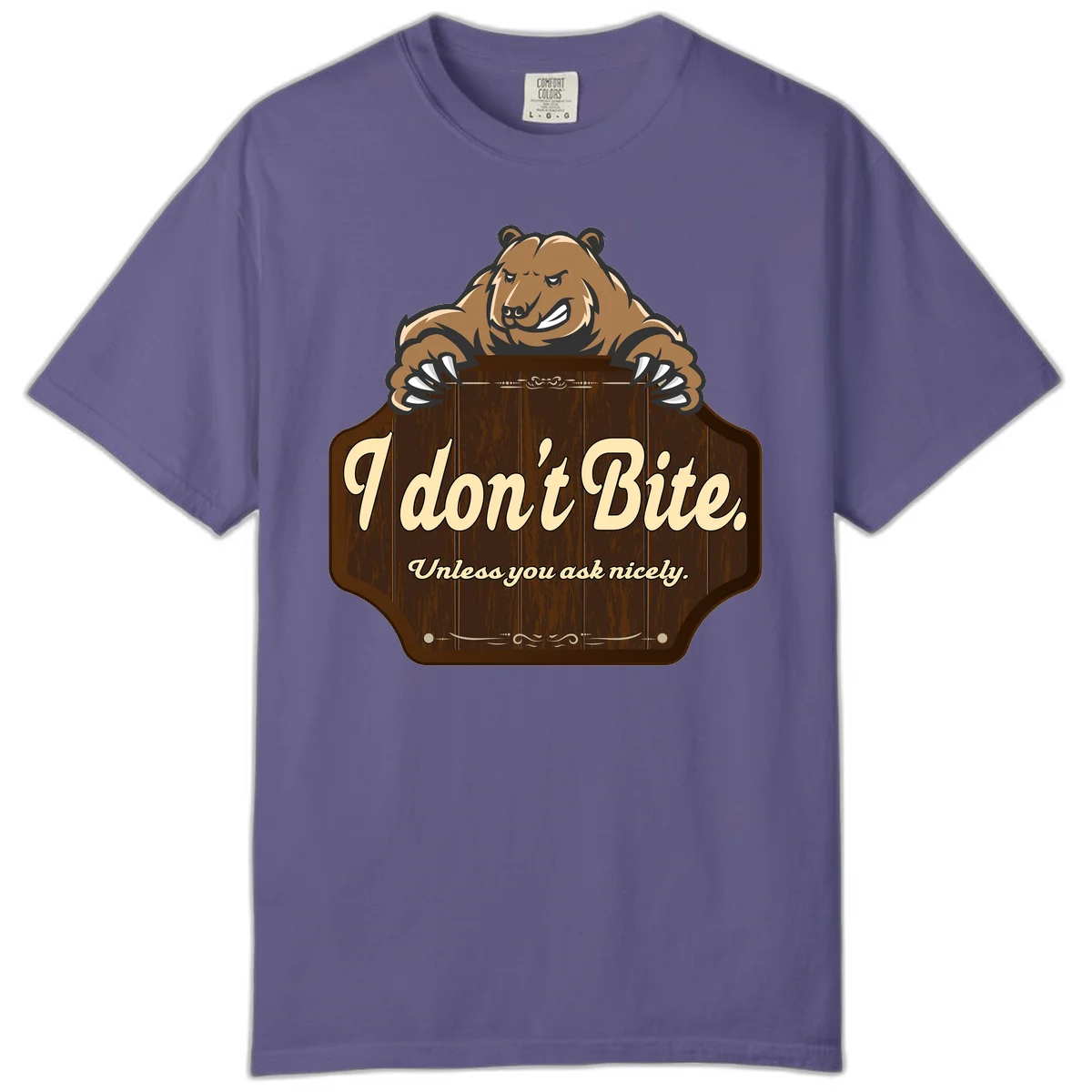 Brown grizzly bear grinning mischievously while holding a wooden sign reading 'I don't Bite. Unless you ask nicely' with decorative vintage styling in Grape