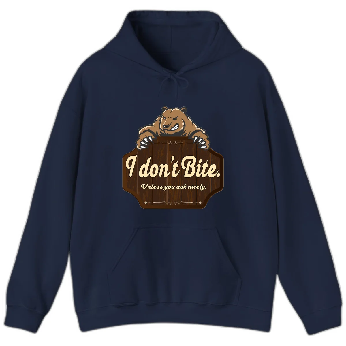 Brown grizzly bear grinning mischievously while holding a wooden sign reading 'I don't Bite. Unless you ask nicely' with decorative vintage styling in Navy